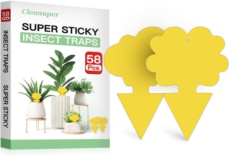 Cleanuper 58 Pack Flying Insect Traps for Plants – Yellow Sticky Traps for Fungus Gnats, Flies & Flying Bugs, Indoor Outdoor Flying Bug Catcher for Pots, Garden & Kitchen, Non-Toxic, Odorless, Kid & Pet Safe - Image 1